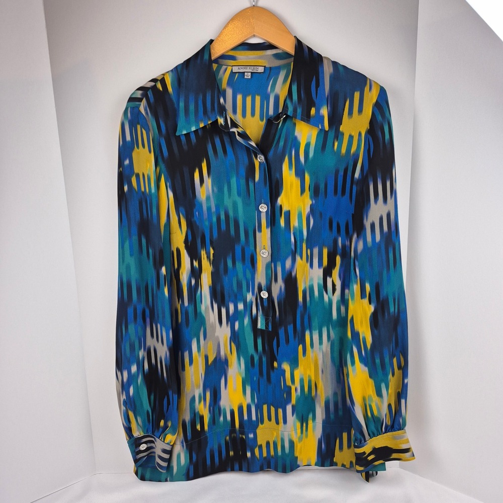 Vtg 90s Anne Klein II Silk Tunic Blouse 10 Blue Yellow Abstract Art Print